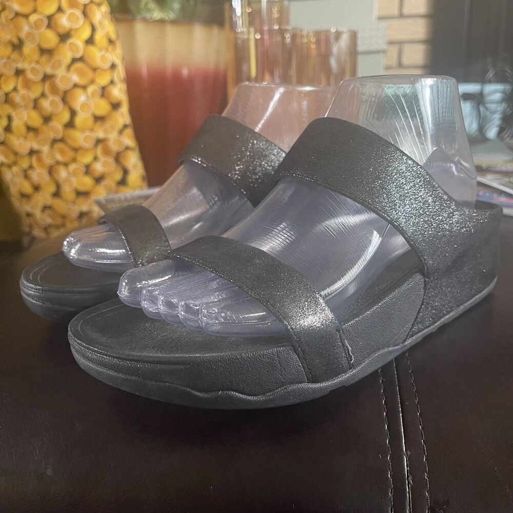 FITFLOP LULU SHIMMERGLITZ TWO BAR SLIDES BLACK Size 7